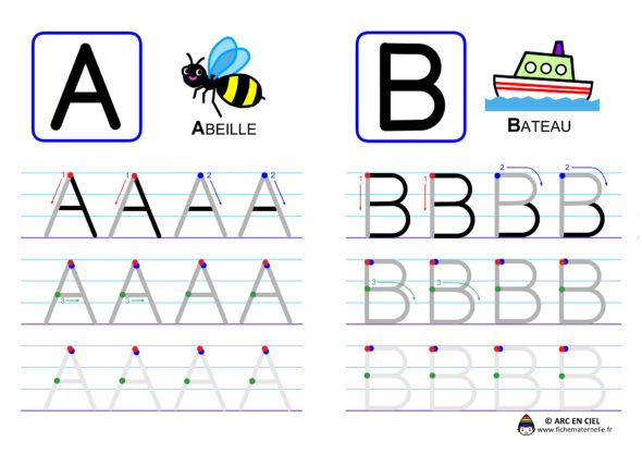 Ecriture de l'alphabet en majuscules - lettres A et B