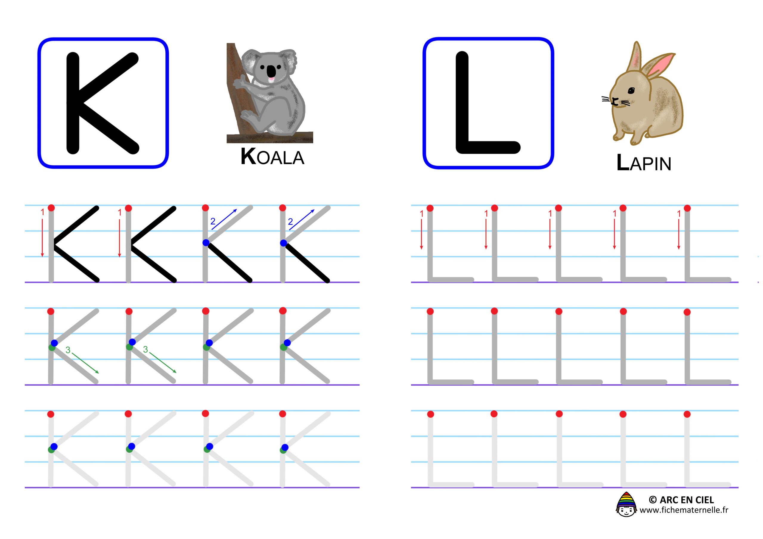 Ecriture de l'alphabet en majuscules - lettres K et L