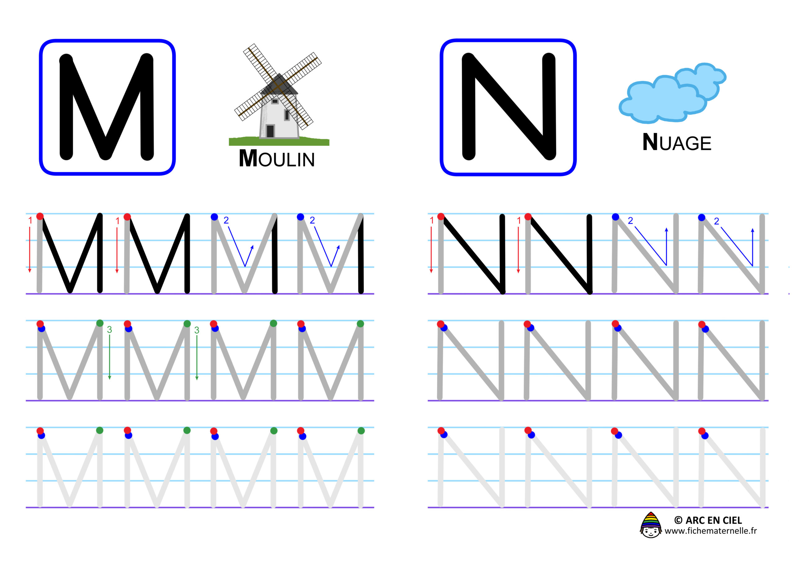 Ecriture de l'alphabet en majuscules - lettres M et N