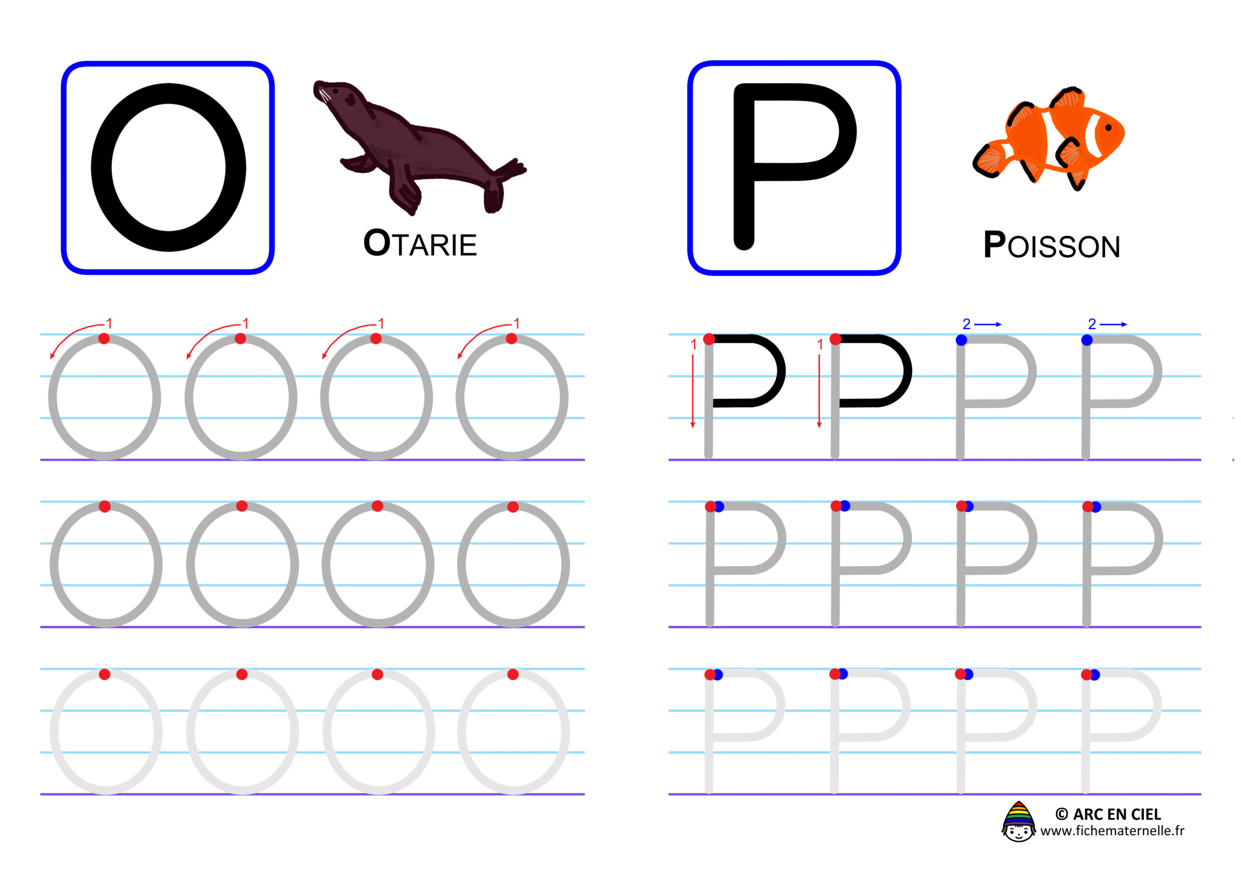 Ecriture de l'alphabet en majuscules - lettres O et P