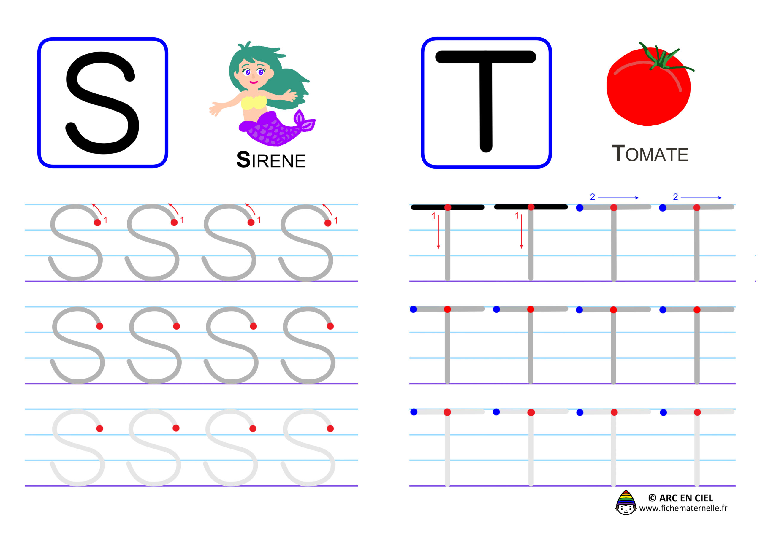 Ecriture de l'alphabet en majuscules - lettres S et T