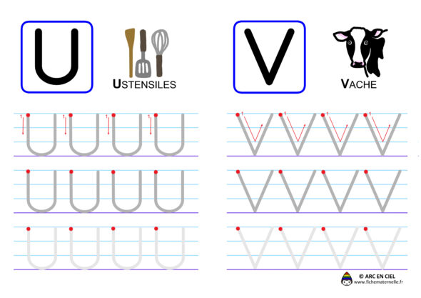 Ecriture de l'alphabet en majuscules - lettres U et V