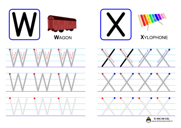 Ecriture de l'alphabet en majuscules - lettres W et X