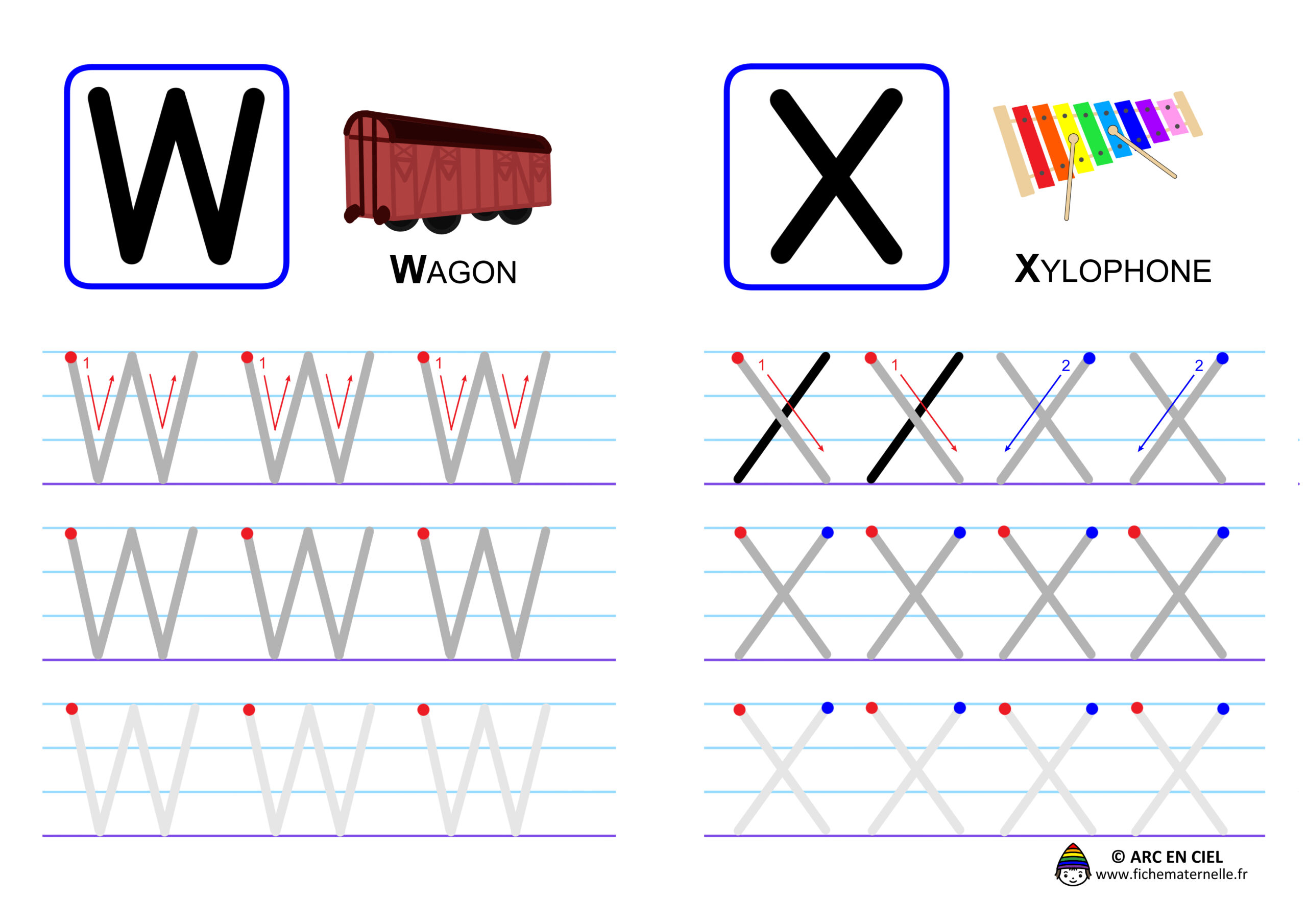 Ecriture de l'alphabet en majuscules - lettres W et X