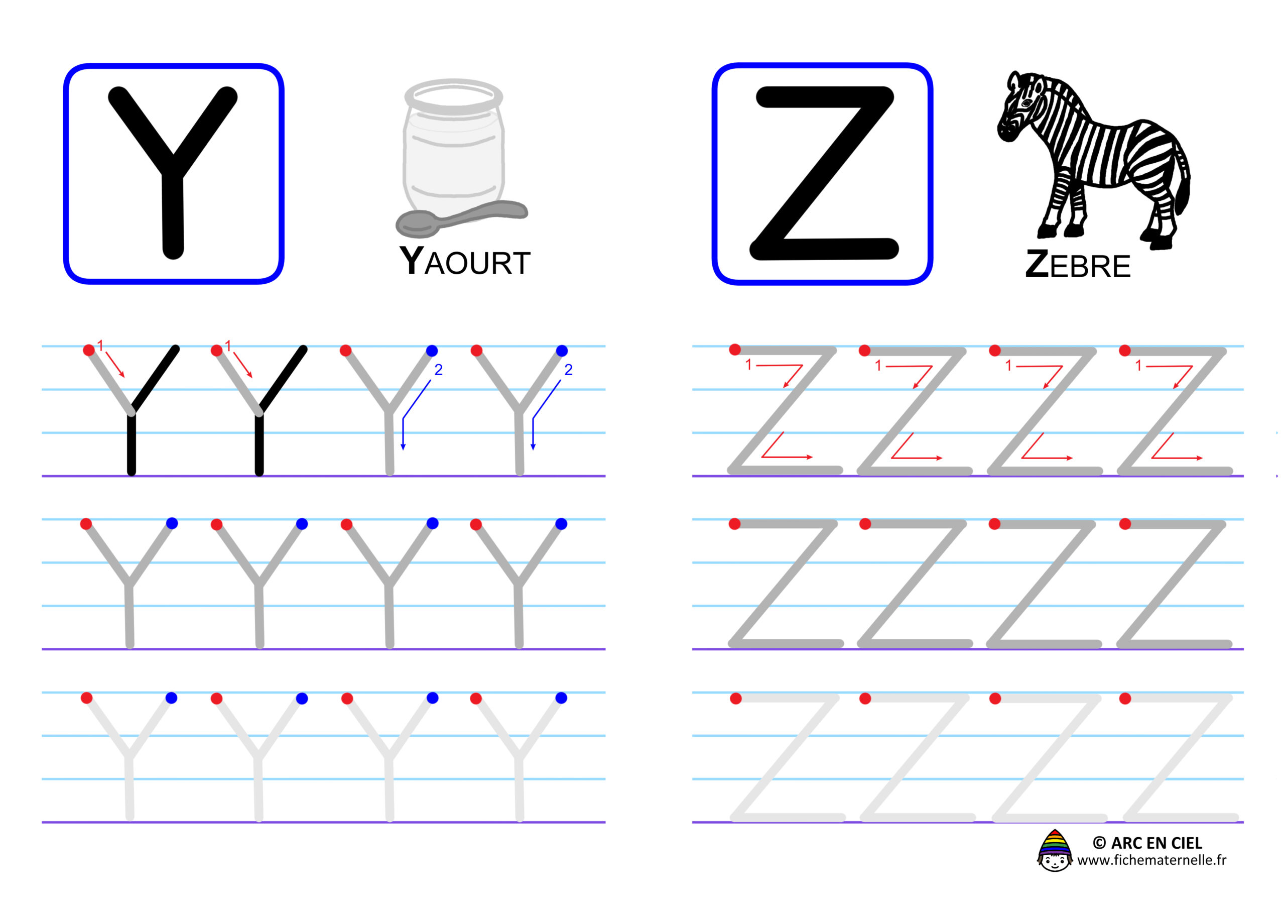 Ecriture de l'alphabet en majuscules - lettres Y et Z