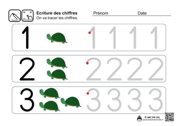 Fiche maternelle - Ecriture des chiffres de 1 à 3