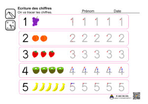 Fiche maternelle - Ecriture des chiffres de 1 à 5