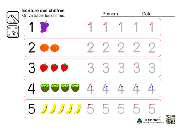 Fiche maternelle - Ecriture des chiffres de 1 à 5