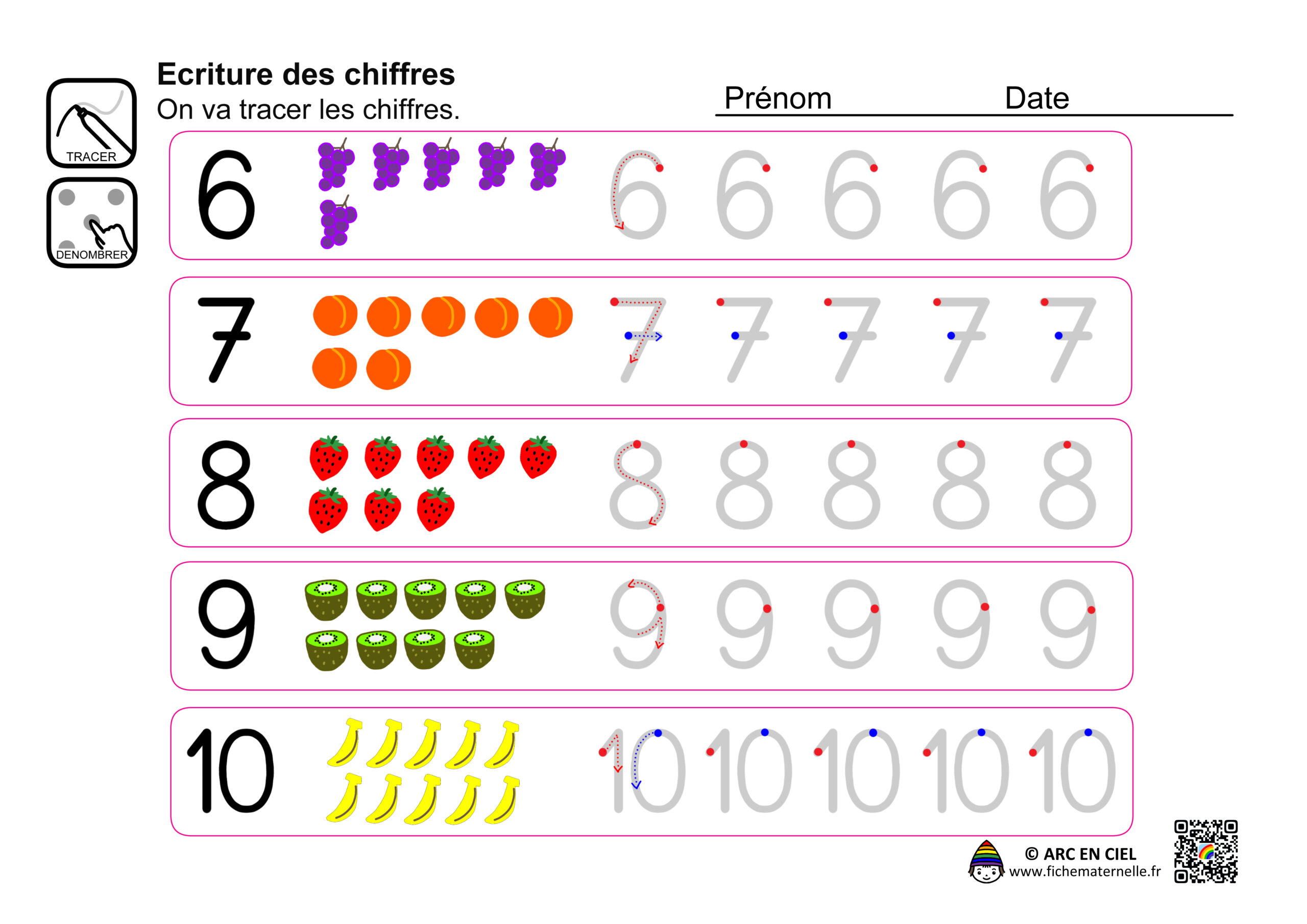 Fiche maternelle - Ecriture des chiffres de 6 à 10