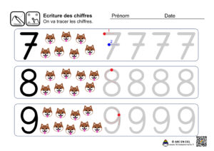 Fiche maternelle - Ecriture des chiffres de 7 à 9