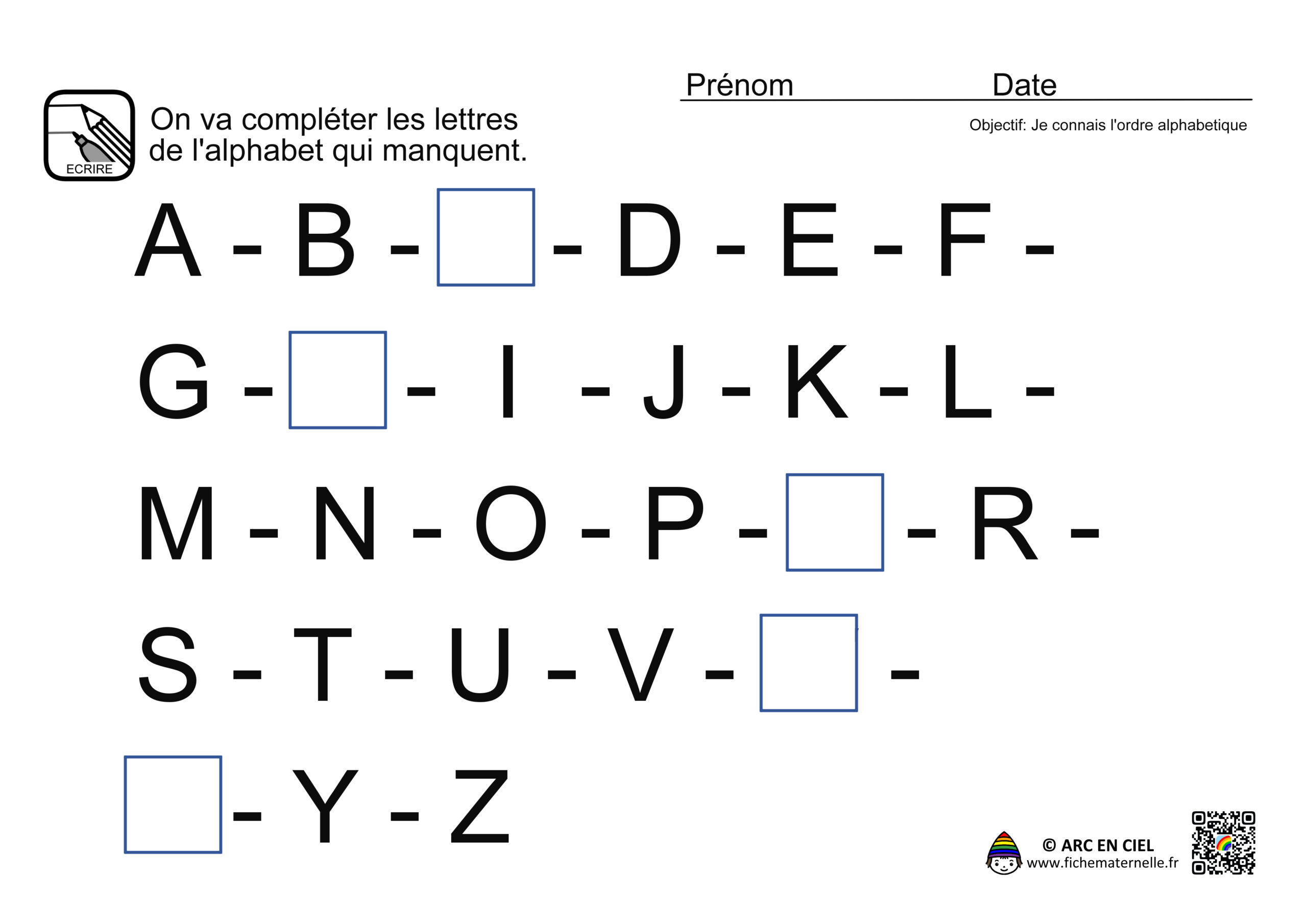 Fiche maternelle : Lettres de l'alphabet qui manquent - niveau 1