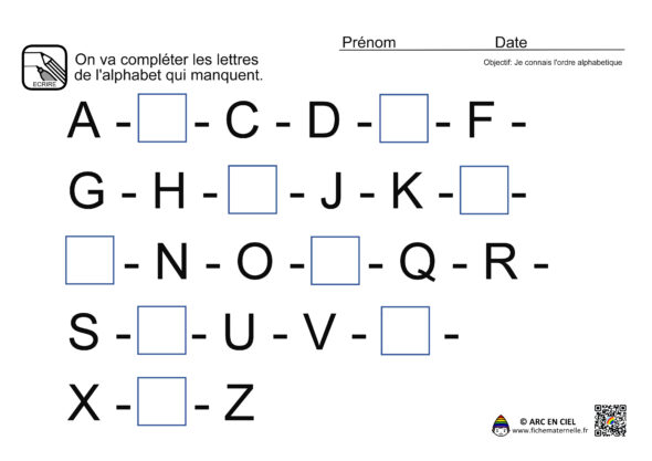 Fiche maternelle : Lettres de l'alphabet qui manquent - niveau 2