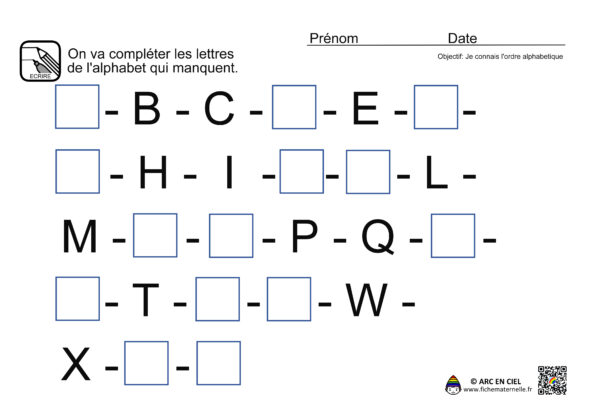 Fiche maternelle : Lettres de l'alphabet qui manquent - niveau 3