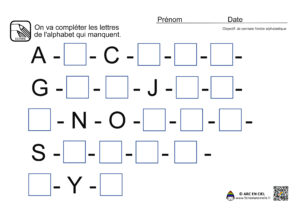 Fiche maternelle : Lettres de l'alphabet qui manquent - niveau 4