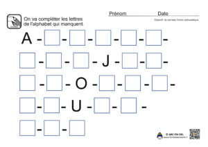 Fiche maternelle : Lettres de l'alphabet qui manquent - niveau 5