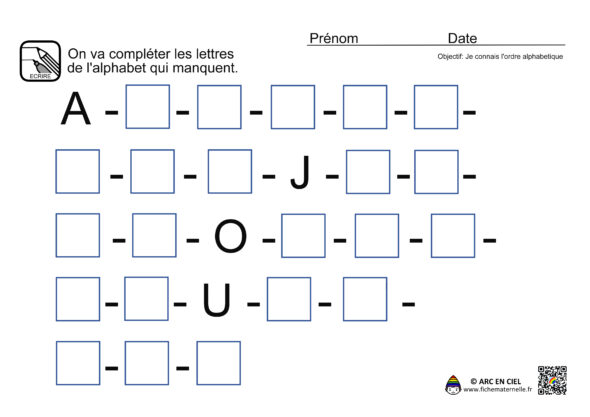 Fiche maternelle : Lettres de l'alphabet qui manquent - niveau 5