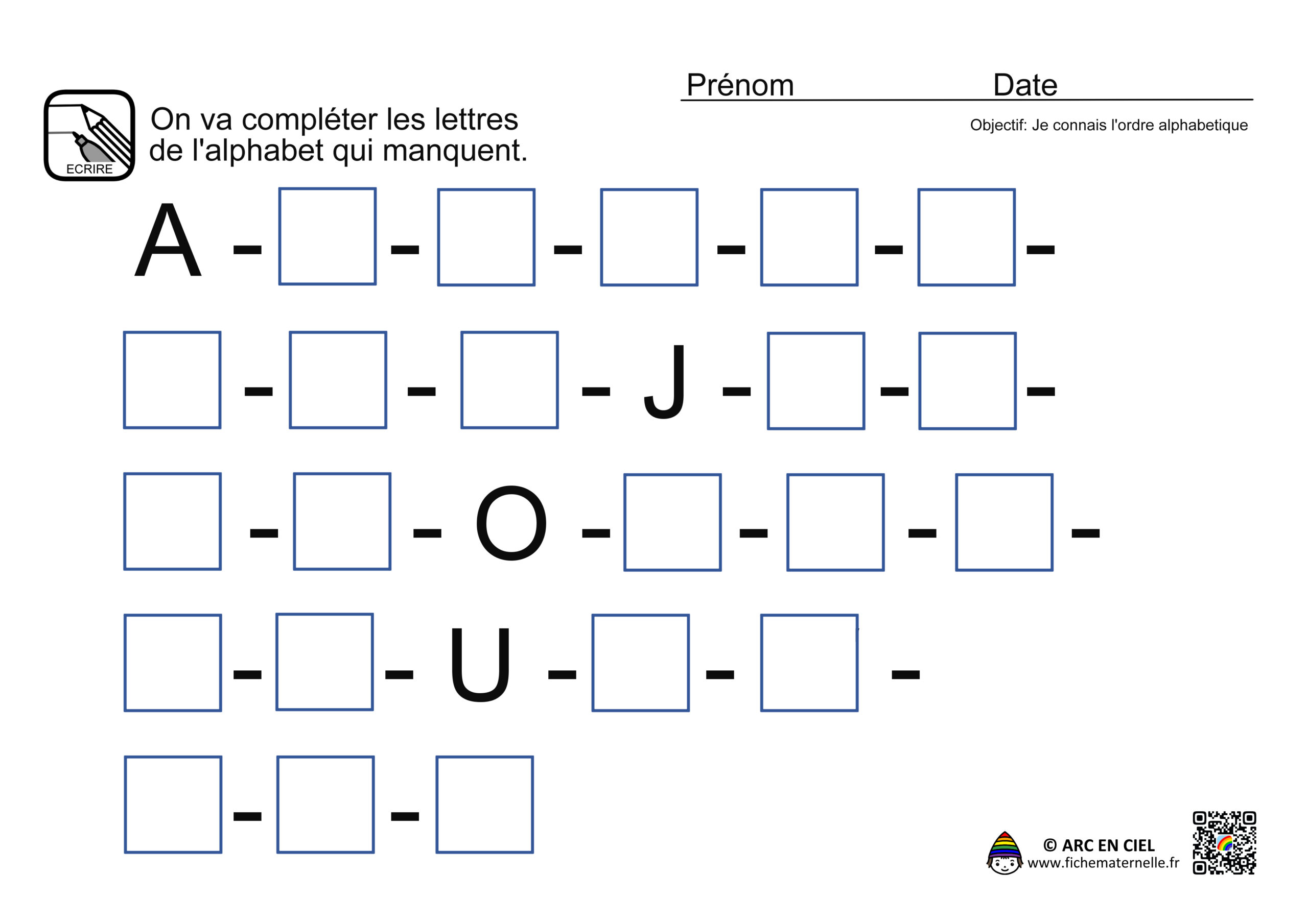 Fiche maternelle : Lettres de l'alphabet qui manquent - niveau 5