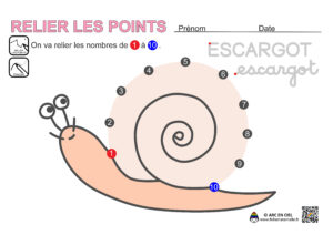 fiche maternelle : Relier les points - Jusqu'à 10 - escargot