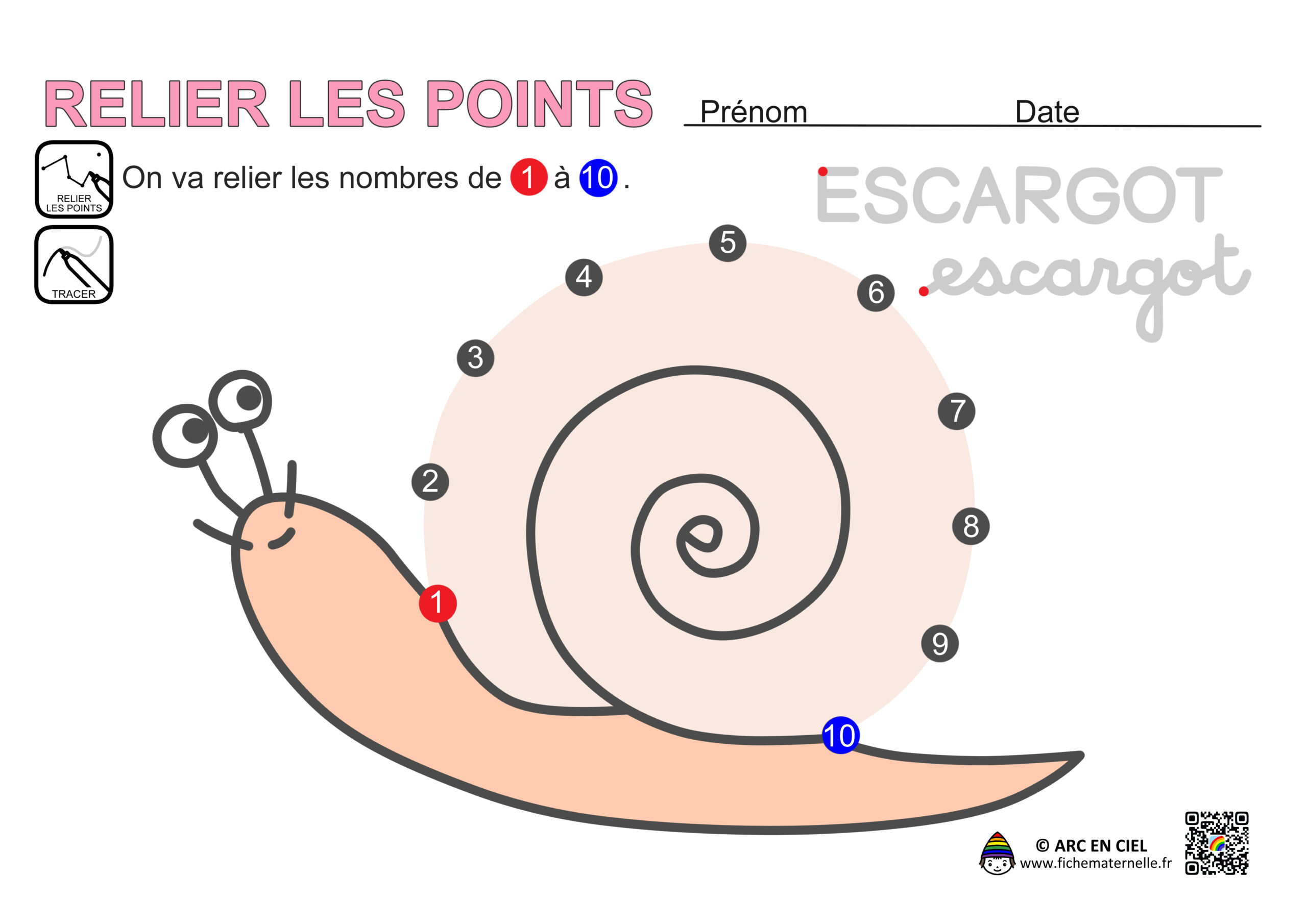 fiche maternelle : Relier les points - Jusqu'à 10 - escargot