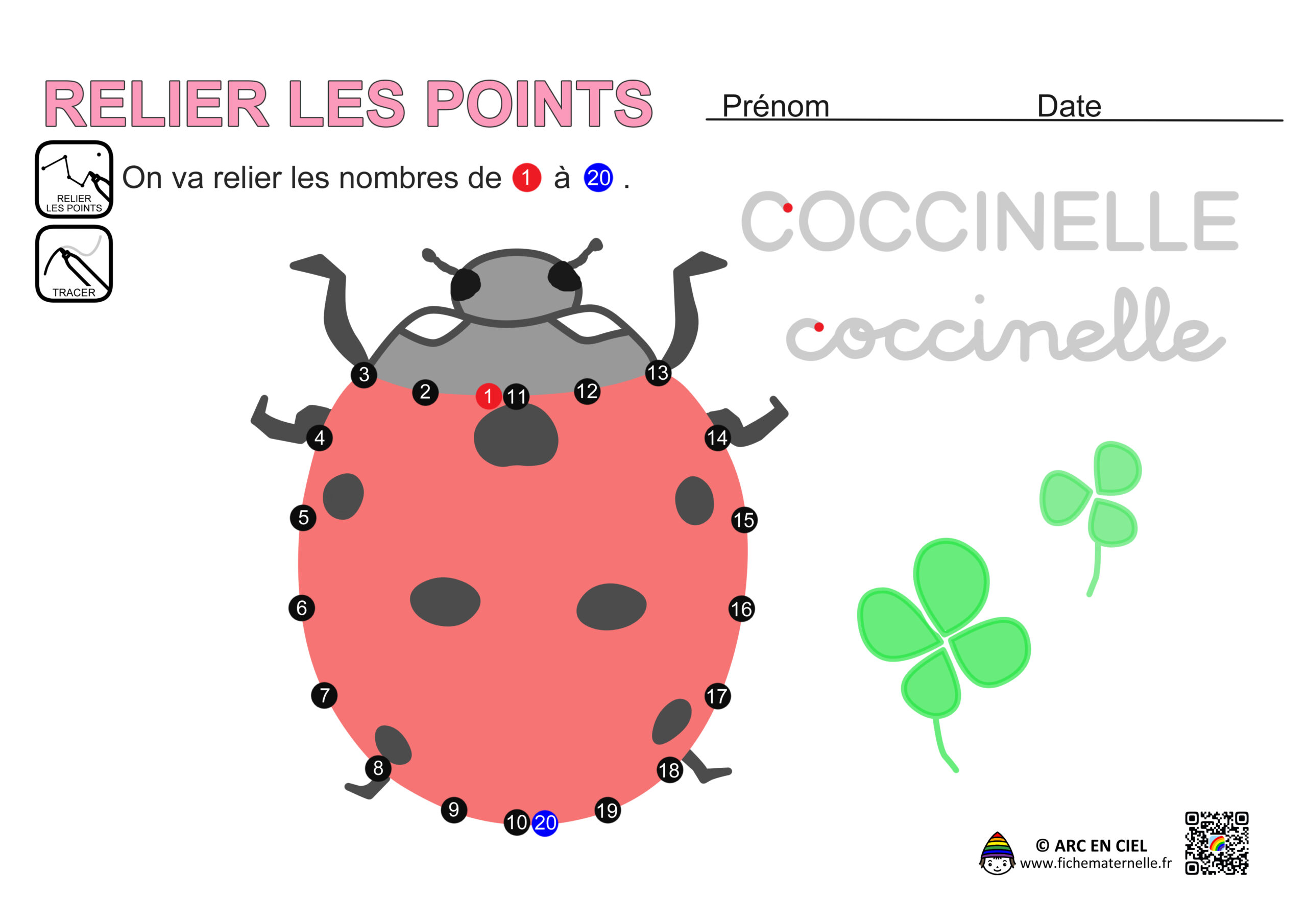 Fiche maternelle : Relier les points - Jusqu'à 20 - coccinelle