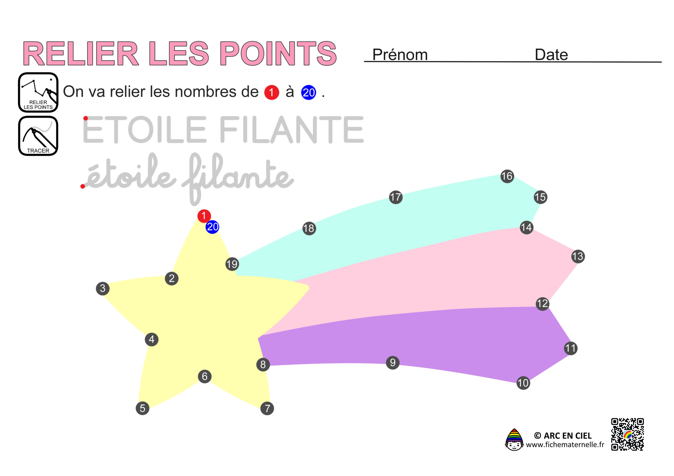 fiche maternelle : Relier les points-Jusqu'à 20-étoile filante