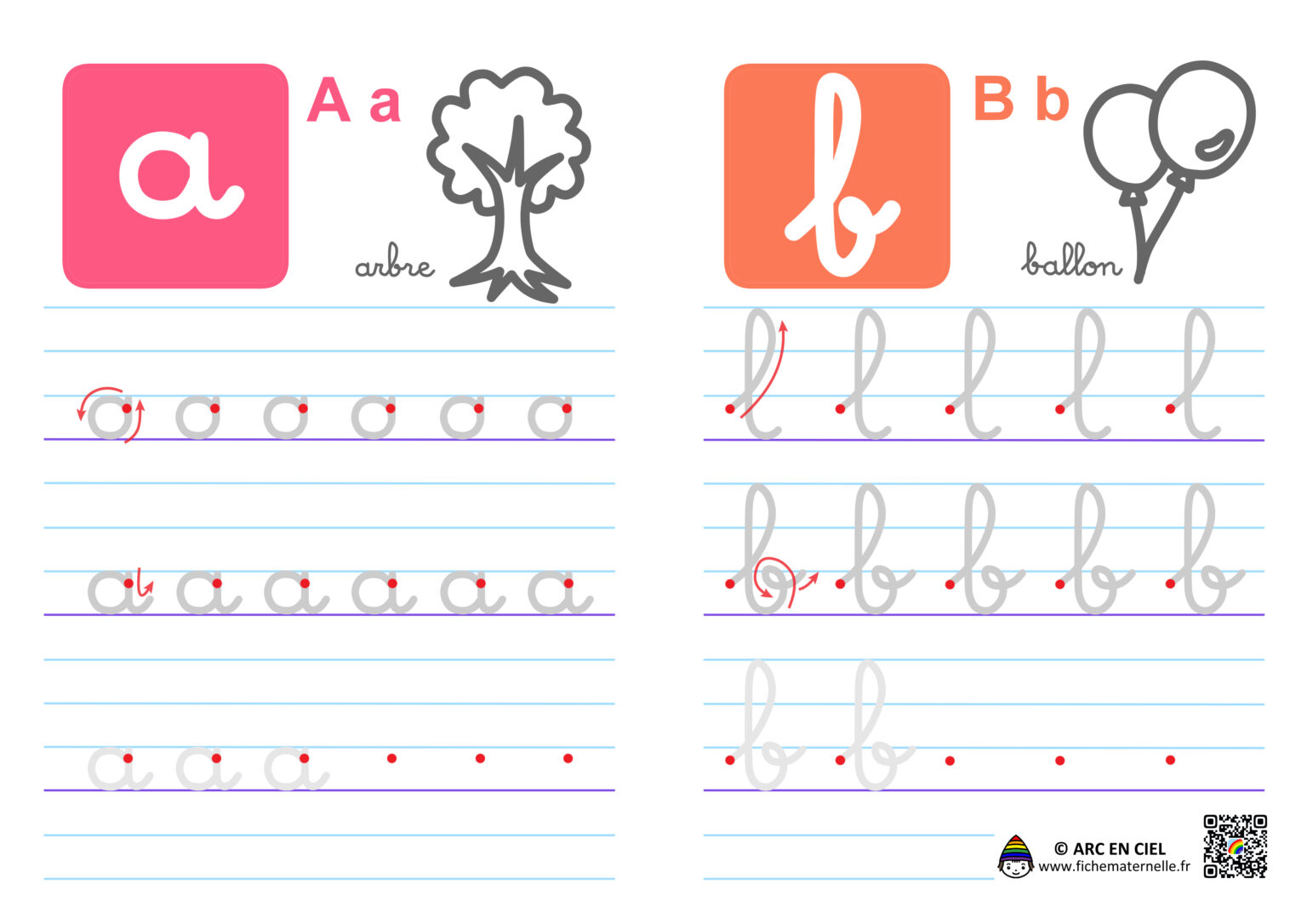 Ecriture de l’alphabet en cursives : lettres a et b | ARC EN CIEL