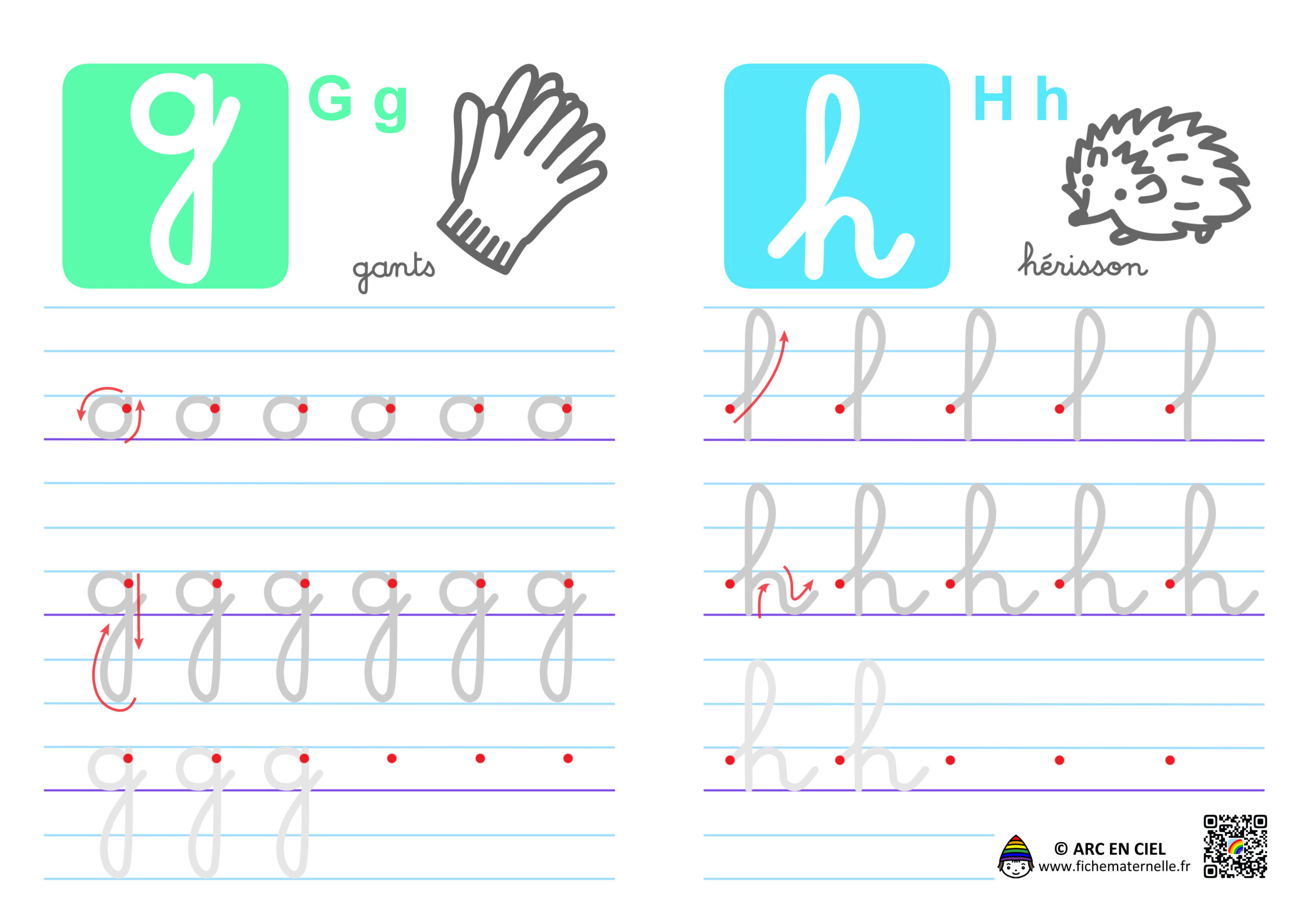 Fiche maternelle : Ecriture de l’alphabet en cursives – lettres g et h