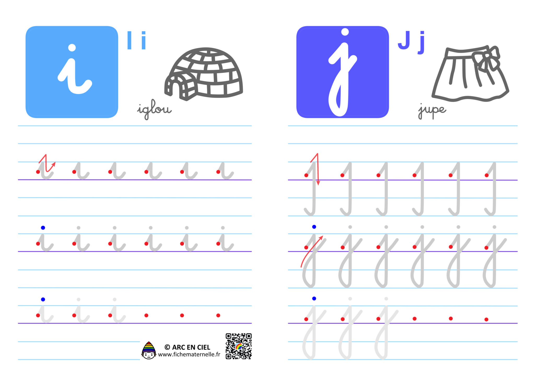 Ecriture De Lalphabet En Cursives Lettres I Et J Arc En Ciel 2099