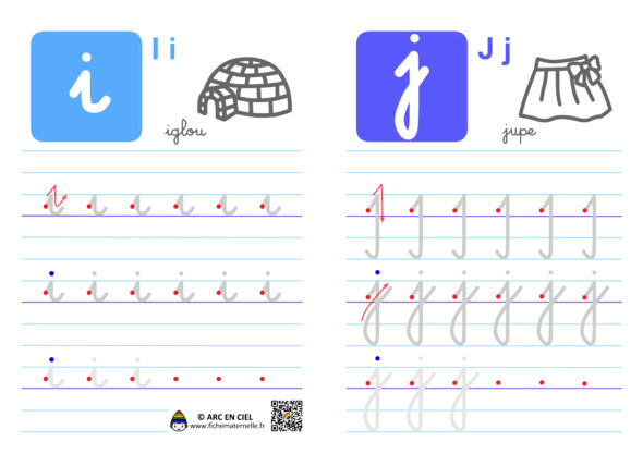 Fiche maternelle : Ecriture de l’alphabet en cursives – lettres i et j