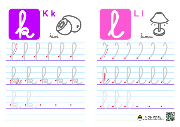 Fiche maternelle : Ecriture de l’alphabet en cursives – lettres k et l