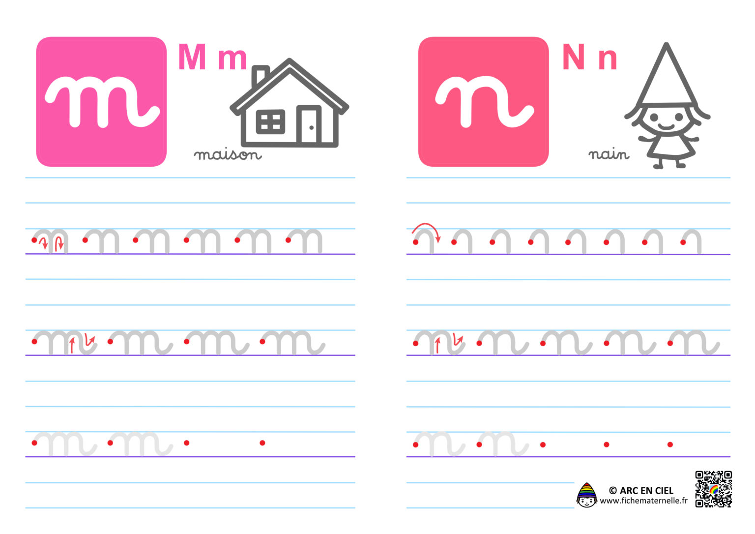 Ecriture De Lalphabet En Cursives Lettres M Et N Arc En Ciel 0810