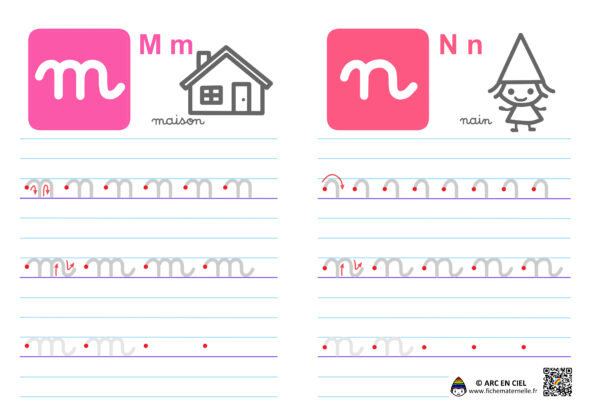 Fiche maternelle : Ecriture de l’alphabet en cursives – lettres m et n