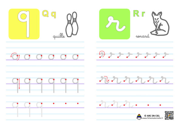 Fiche maternelle : Ecriture de l’alphabet en cursives – lettres q et r