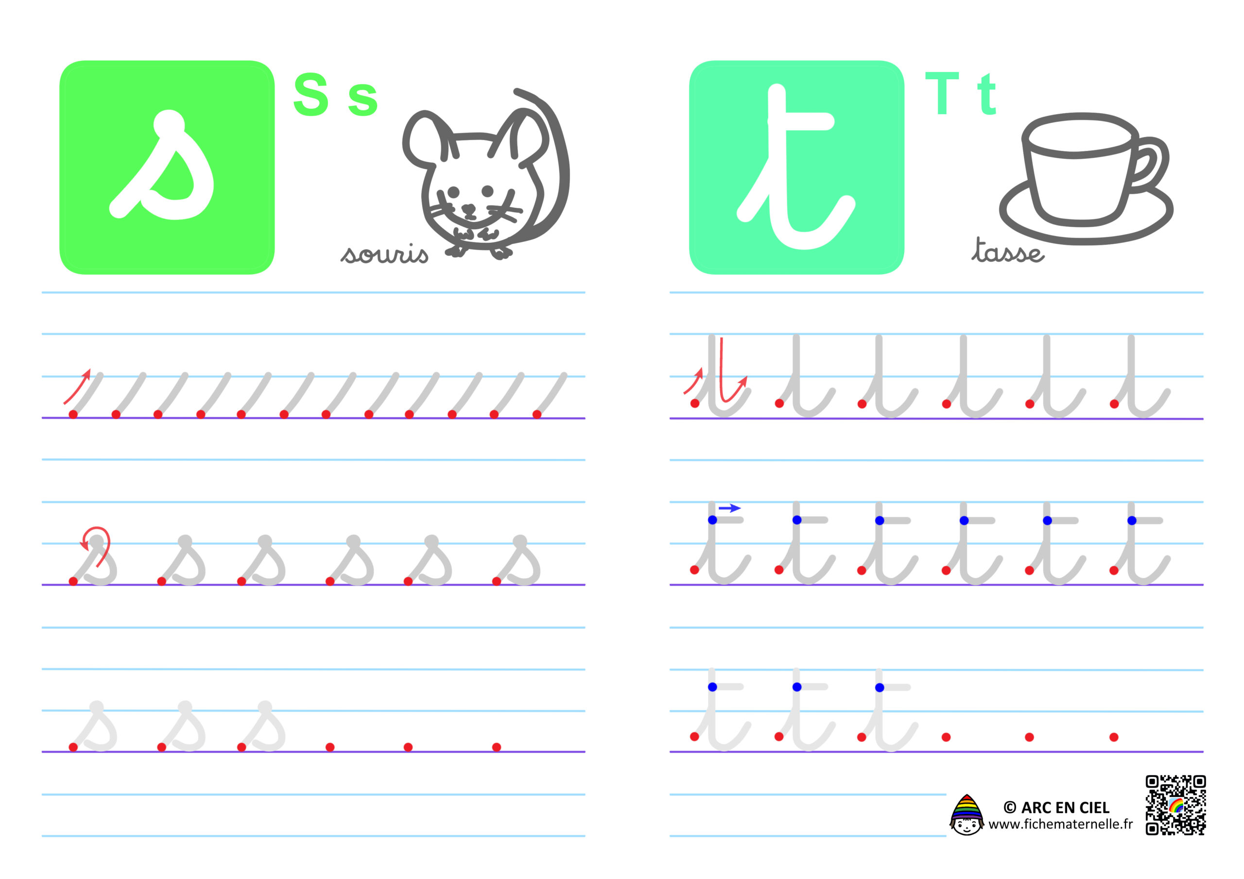 Fiche maternelle : Ecriture de l’alphabet en cursives – lettres s et t