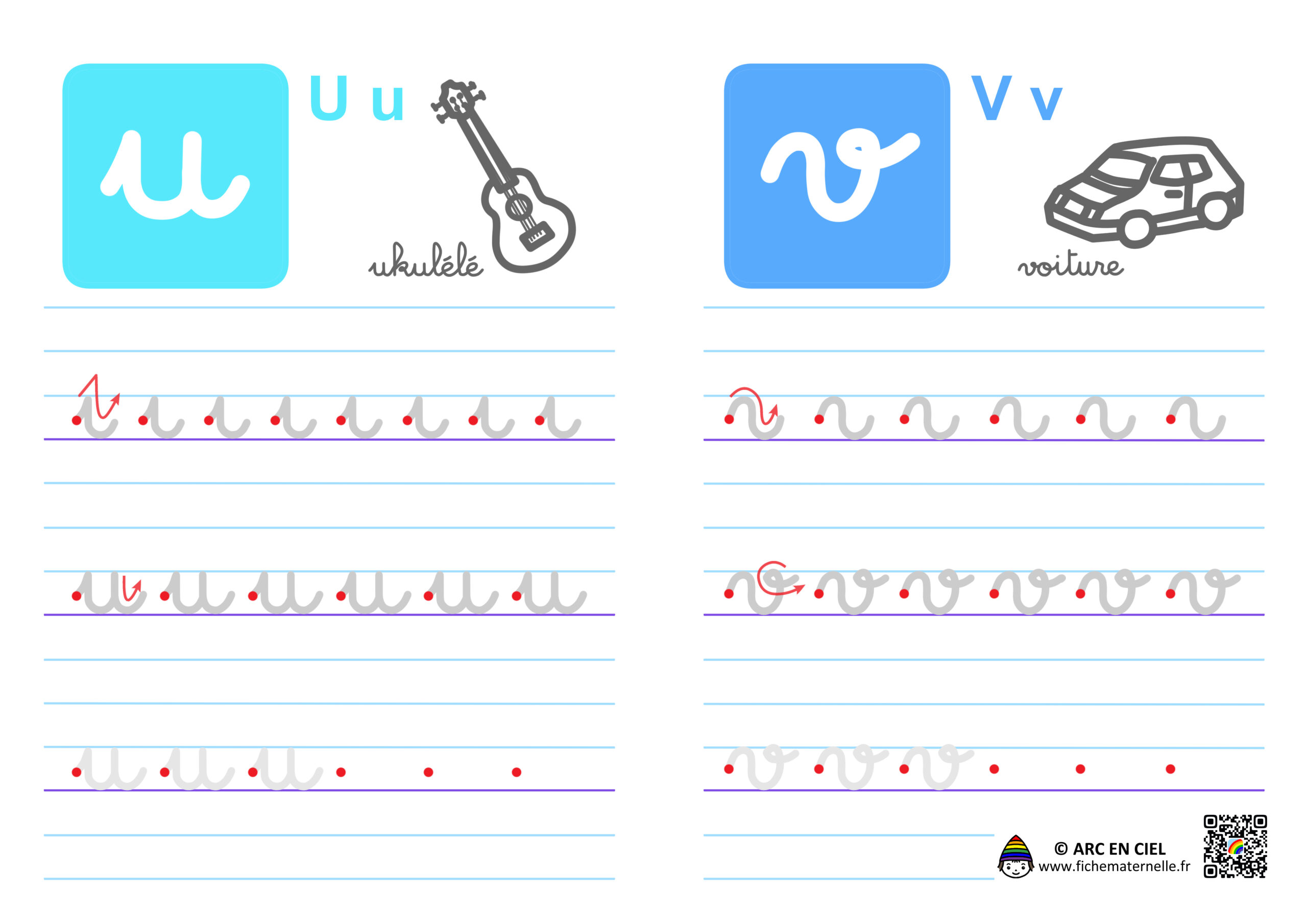 Fiche maternelle : Ecriture de l’alphabet en cursives – lettres u et v