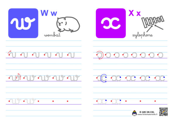 Fiche maternelle : Ecriture de l’alphabet en cursives – lettres w et x