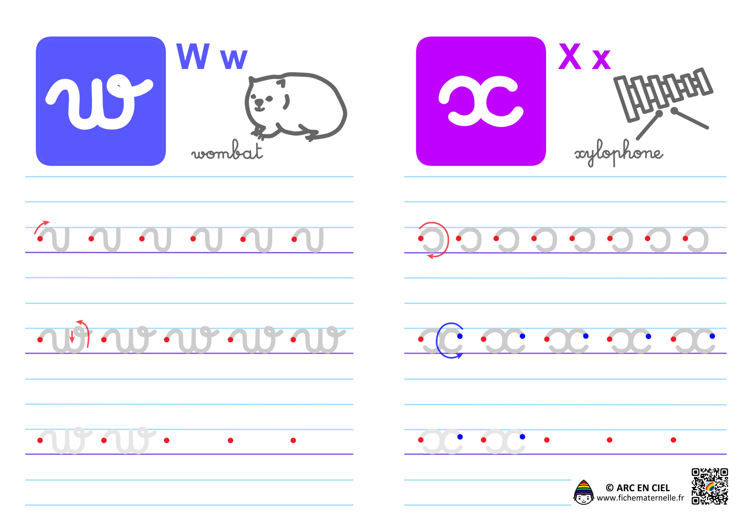 Ecriture de l’alphabet en cursives – lettres w et x